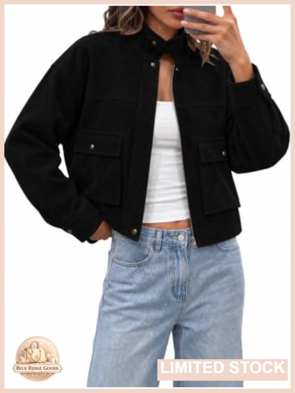 Faux Suede Bomber Jacket Cropped Utility Coat